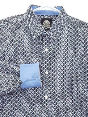 English Laundry Shirt Mens Medium Black Blue Geometric Stretch Flip Cuffs Button